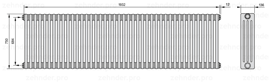 Схема (чертеж) Радиатор Zehnder Charleston 4075/42 №1270 Белый глянцевый RAL 9016